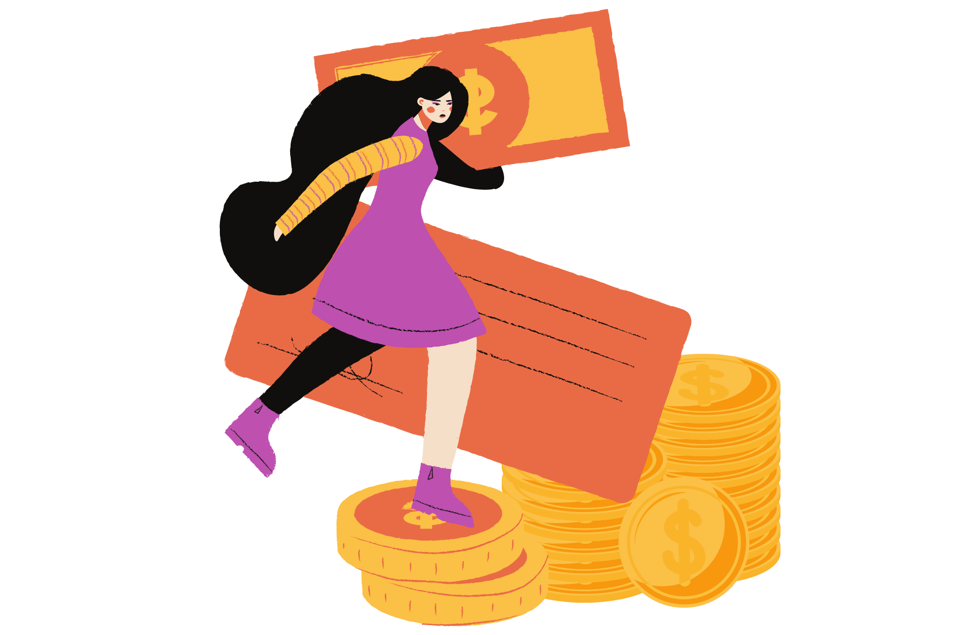 Graphic of woman climbing a tower of coins representing business funding for her lash tech business
