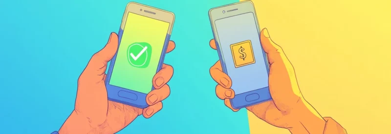 Two hands using phones for payment transfer