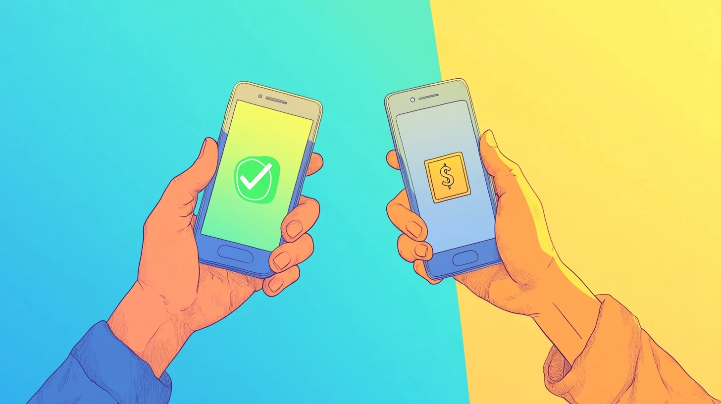 Two hands using phones for payment transfer