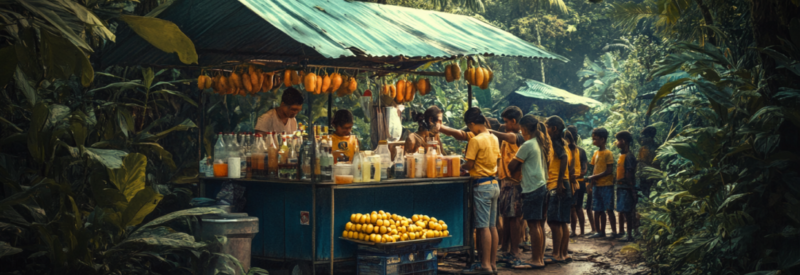 A lively outdoor fruit stand with a green metal roof, displaying hanging papayas and stacks of lemons. A vendor prepares fresh juice while a group of people, mostly children in yellow shirts, waits in line. The stand is surrounded by lush tropical greenery.