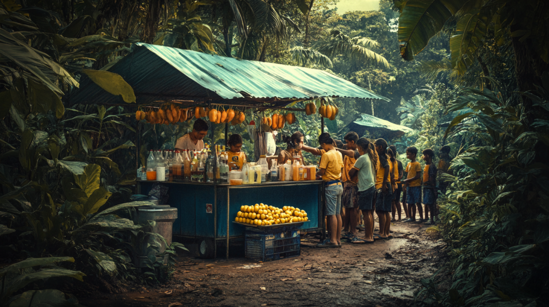 A lively outdoor fruit stand with a green metal roof, displaying hanging papayas and stacks of lemons. A vendor prepares fresh juice while a group of people, mostly children in yellow shirts, waits in line. The stand is surrounded by lush tropical greenery.