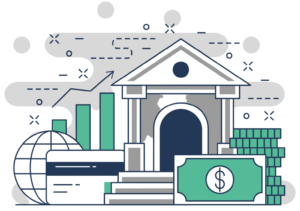 illustration of the best business checking account bank surrounded by money, coins, a globe, and credit cards