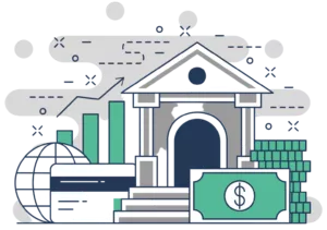 illustration of the best business checking account bank surrounded by money, coins, a globe, and credit cards
