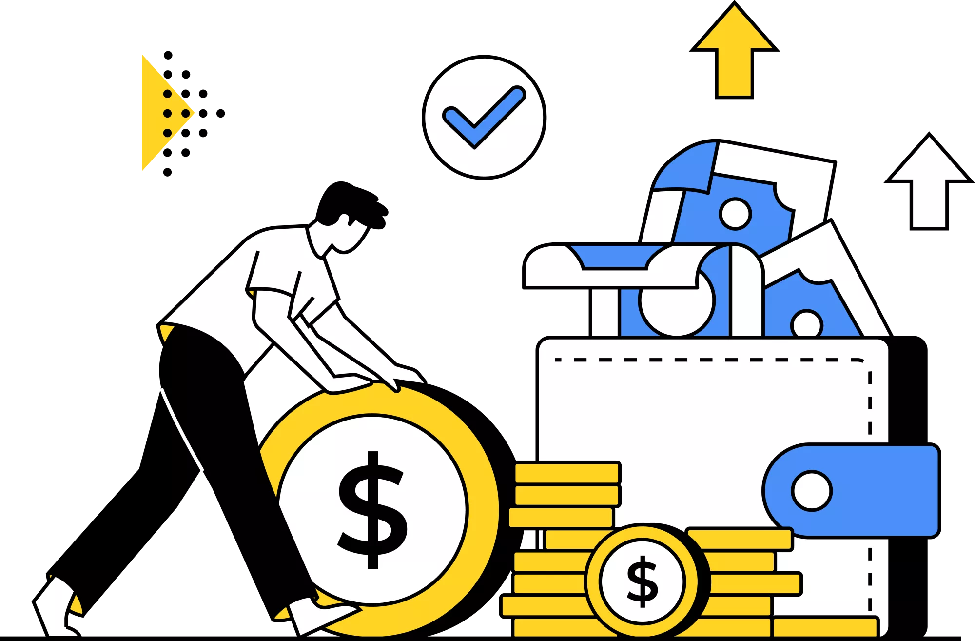 illustration of a business owner's wallet overflowing with cash and coins in need of a business account