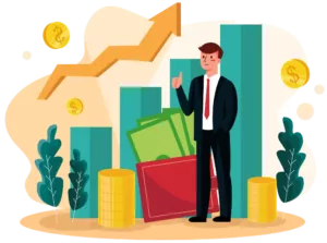 graphic of a businessman in front of bar charts and falling coins asking what is a merchant cash advance
