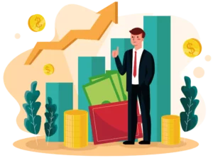 graphic of a businessman in front of bar charts and falling coins asking what is a merchant cash advance