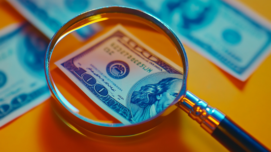 Looking for counterfeit money with magnifying glass