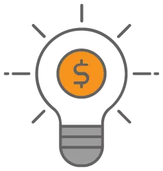 Graphic of an orange lightbulb with a dollar sign inside representing the startup costs of starting an eyelash business