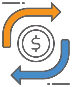 graphic icon of arrows surrounding dollar sign representing interest rates rising