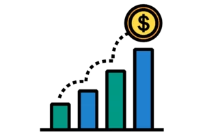 illustration of a bullish stock with green and blue bar graphs and a coin bouncing off each one