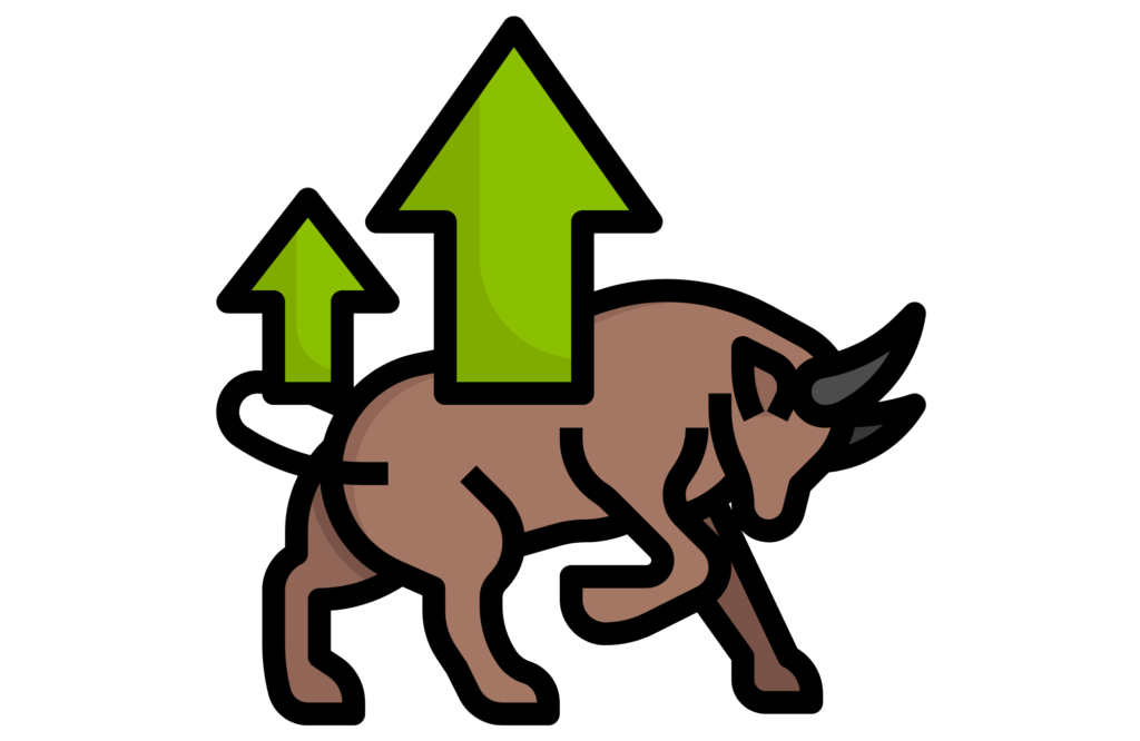 illustration of bull market with a bull and green arrows pointing up 