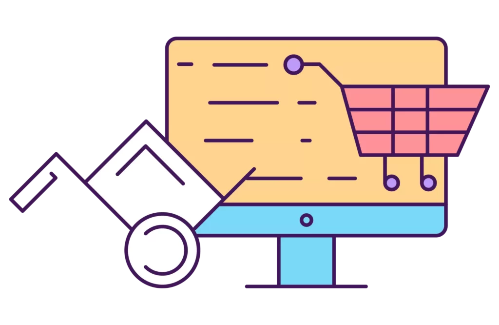 graphic of a computer monitor with a dolly and shopping cart in front of it to represent amazon seller fees