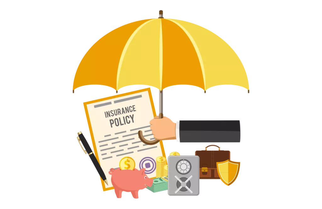 illustration of a business owner holding an umbrella over business assets to represent insurance for small business