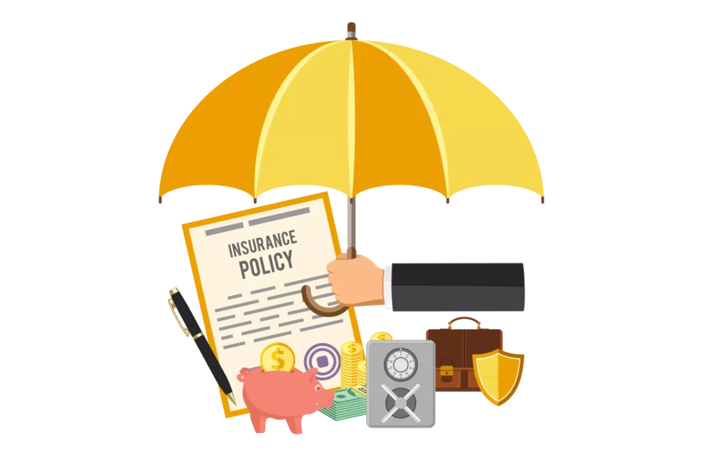 illustration of a business owner holding an umbrella over business assets to represent insurance for small business