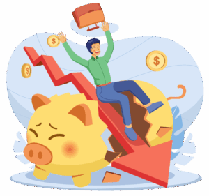 graphic of a man sliding down a red downward arrow over a broken piggy bank when the fed raise interest rate
