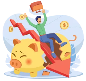 graphic of a man sliding down a red downward arrow over a broken piggy bank when the fed raise interest rate