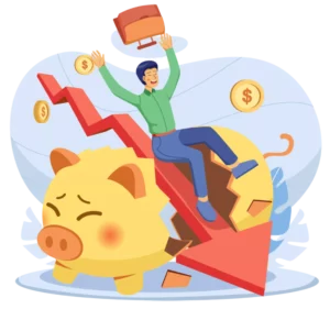 graphic of a man sliding down a red downward arrow over a broken piggy bank when the fed raise interest rate