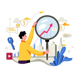 Merchant using a magnifying glass and other tools to calculate their Paydex score.