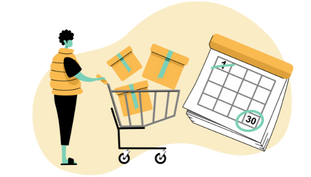 graphic of a calendar with a circled date and person pushing a shopping cart and using BNPL service Perpay