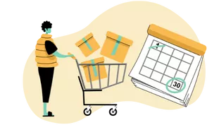 graphic of a calendar with a circled date and person pushing a shopping cart and using BNPL service Perpay