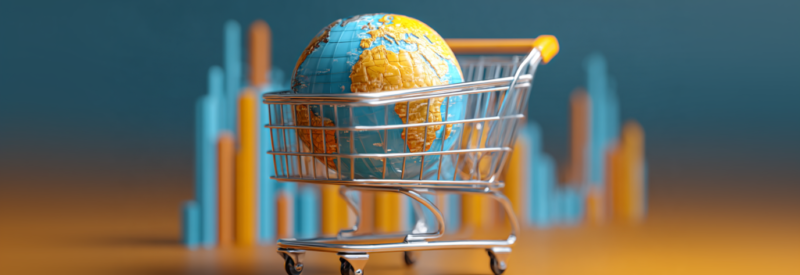 Recession vs depression chart behind a global market in shopping cart