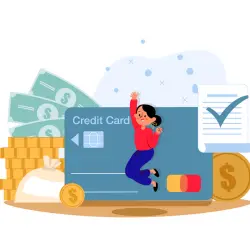 Merchant jumping for joy in front of a credit card, checklist, bills, and stacks of coins having just completed a TransUnion credit report.