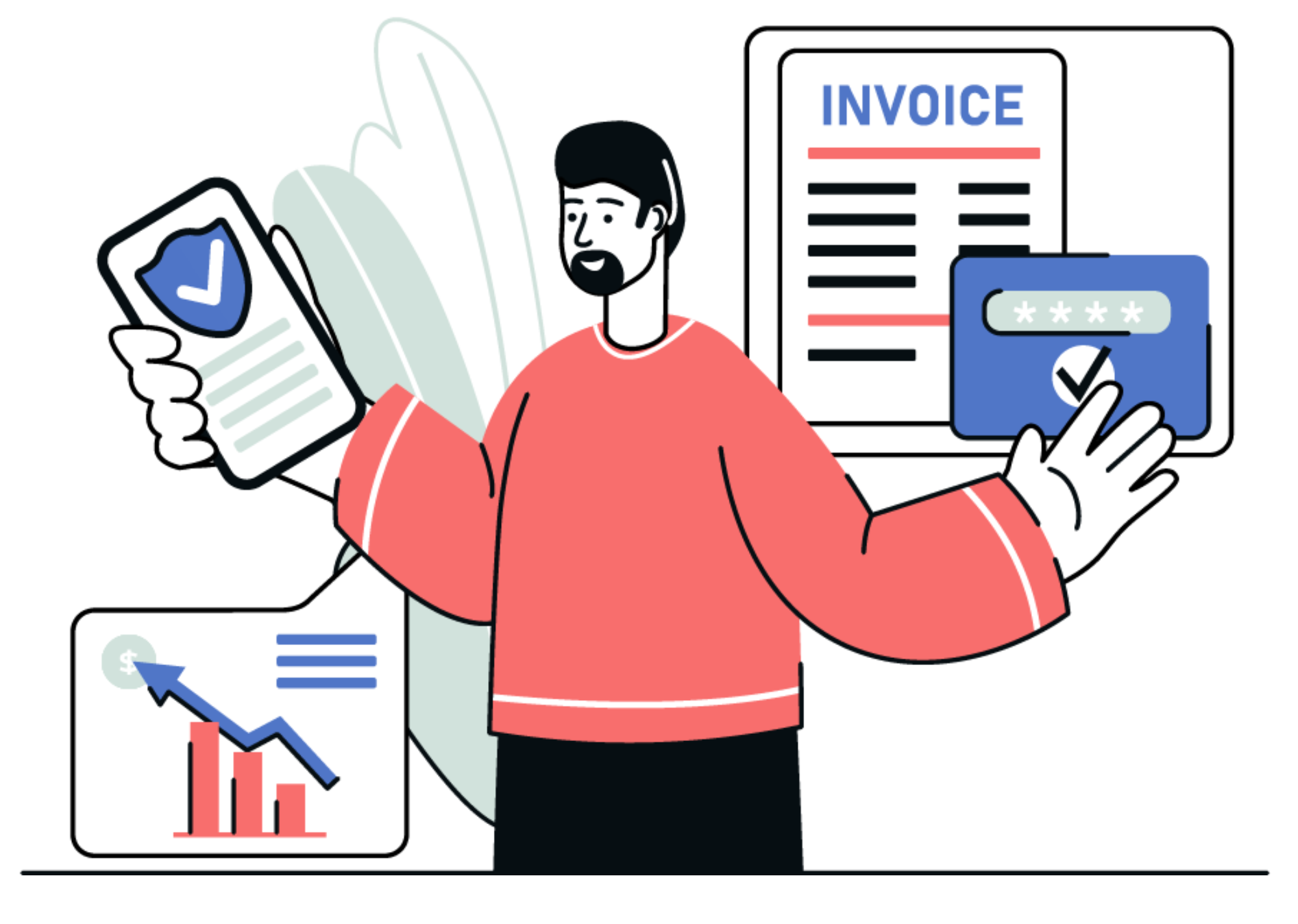 graphic of a male business owner with invoice logging onto mobile banking to check ACH payment processing time