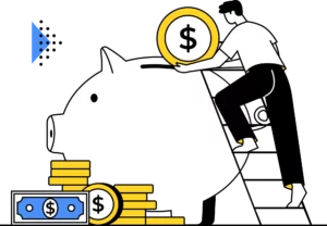 graphic of a businessman putting change into a piggy bank to protect his pandemic-proof business