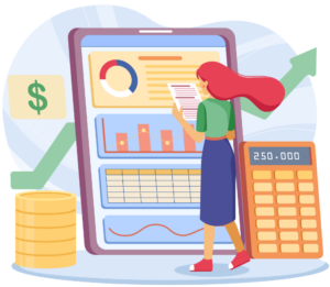 a business woman standing in front of a tablet, calculator, and pile of coins while looking at a chargeback on paper