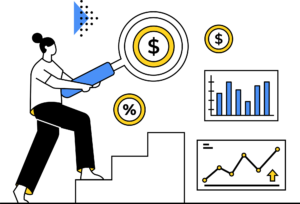 graphic of a businesswoman holding magnifying glass over business analytics to find recession-proof business ideas