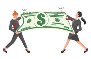 graphic of businesswomen fighting over a hundred dollar bill when disputing a chargeback