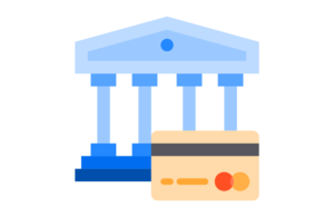 graphic of a bank building with a credit card in front of it to represent merchant accounts for bad credit