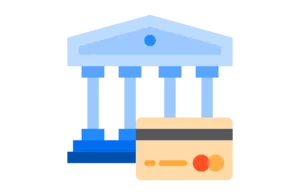 graphic of a bank building with a credit card in front of it to represent merchant accounts for bad credit