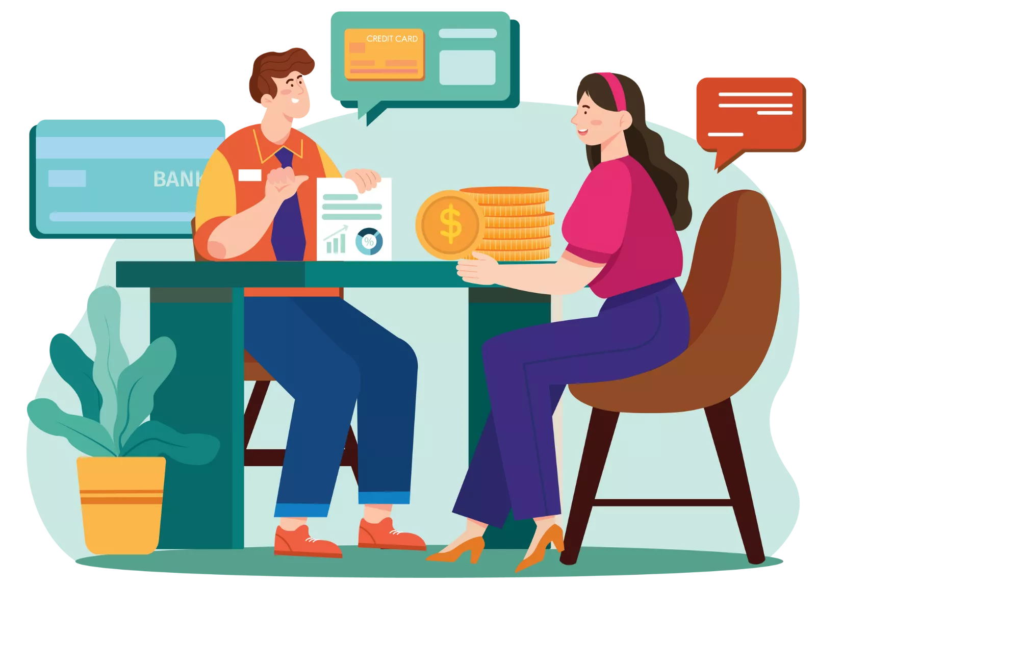 graphic of two people sitting at a desk discussing ways to minimize the effects of hard credit inquiries