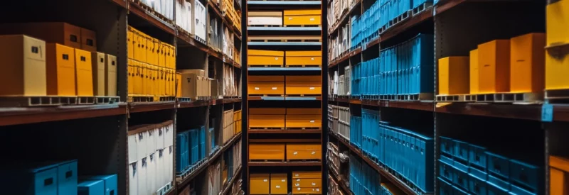 A business' inventory in a warehouse on shelves