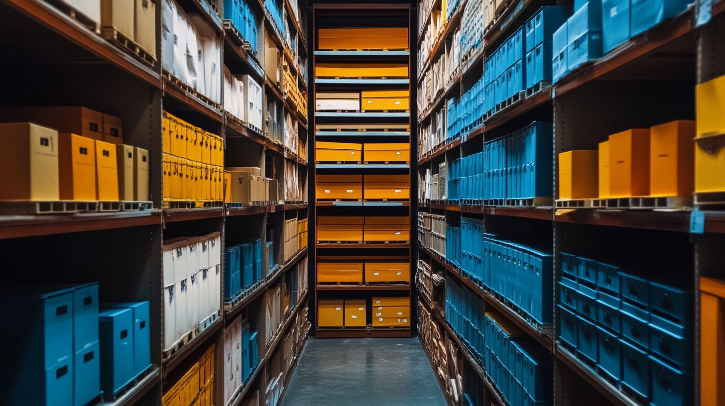 A business' inventory in a warehouse on shelves