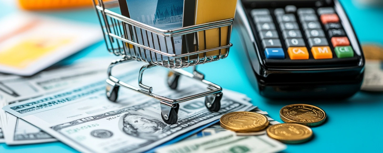 A miniature shopping cart filled with credit cards sits atop a pile of U.S. dollar bills and gold coins, with a payment terminal in the background, symbolizing digital transactions and financial commerce.