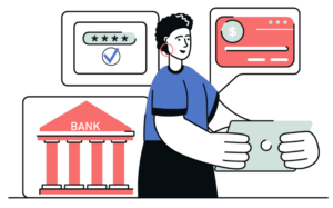 graphic of a businesswoman with big hands checking mobile banking and wondering about ach credit vs ach debit