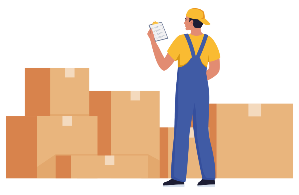 Graphic of a net 30 account vendor worker looking at a checklist while standing in front of boxes
