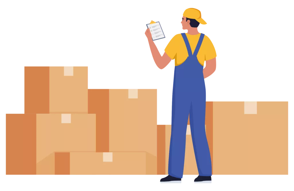 Graphic of a net 30 account vendor worker looking at a checklist while standing in front of boxes