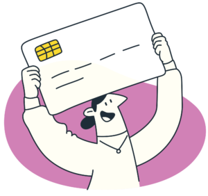 graphic of a happy woman holding a credit card processed with a merchant account provider