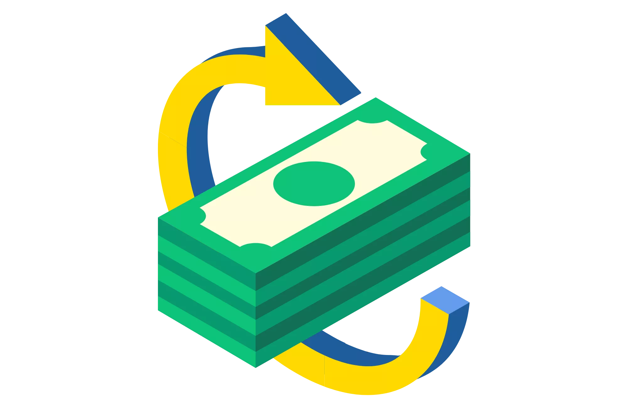 Graphic of a stack of money and an arrow around it to represent a capital one chargeback.