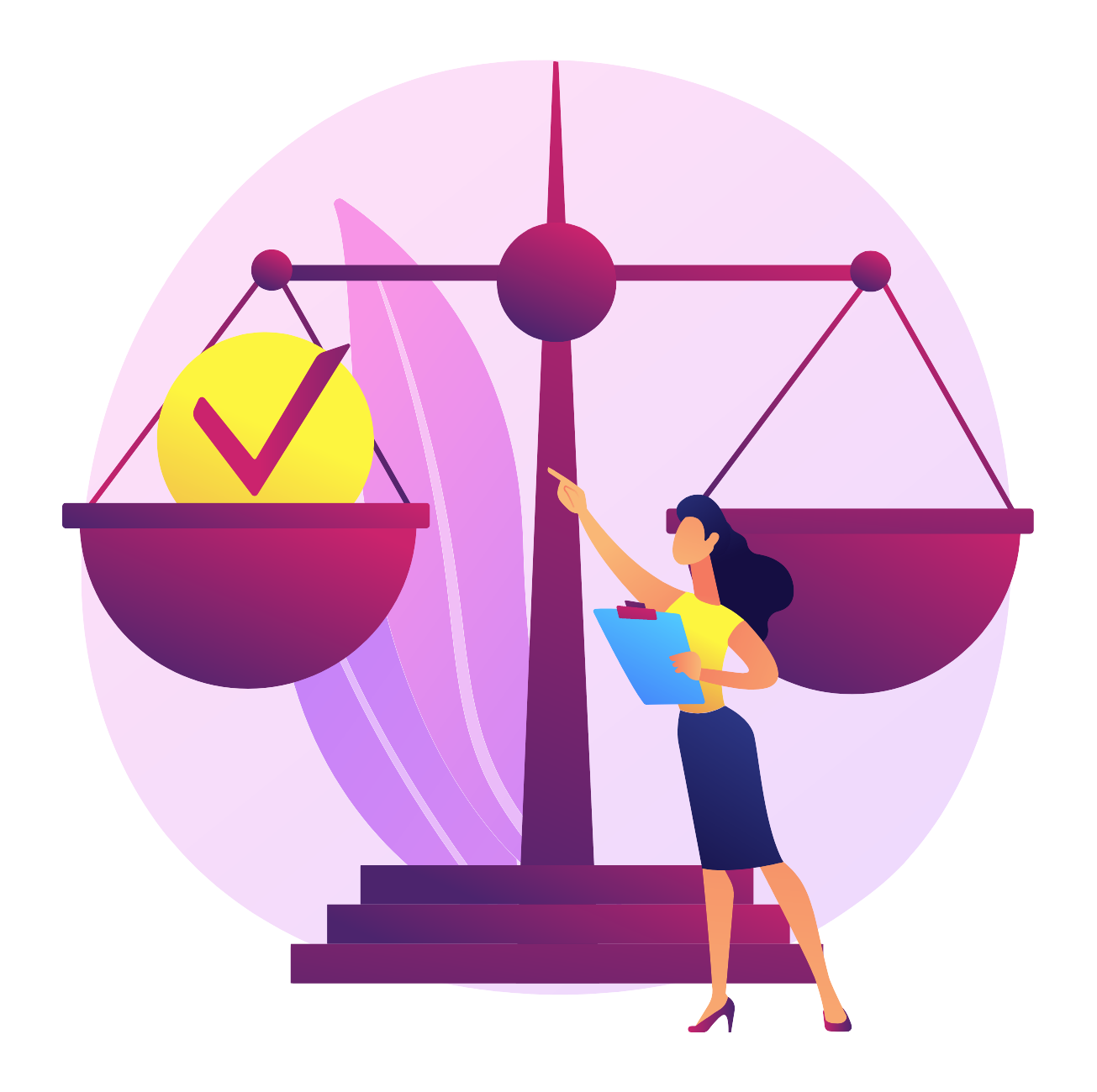 Graphic of a woman standing in front of the scales of justice after the fair credit billing act has been approved