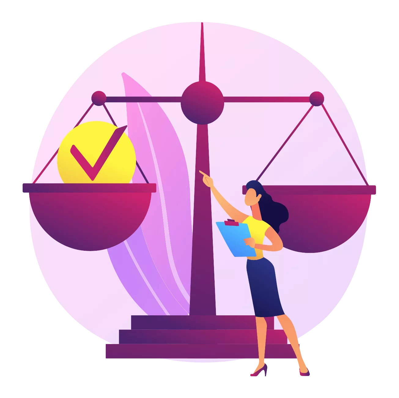 Graphic of a woman standing in front of the scales of justice after the fair credit billing act has been approved