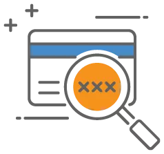 A graphic icon of a credit card with a magnifying glass on top of it to show fraudulent activity resulting in a chargeback reason code