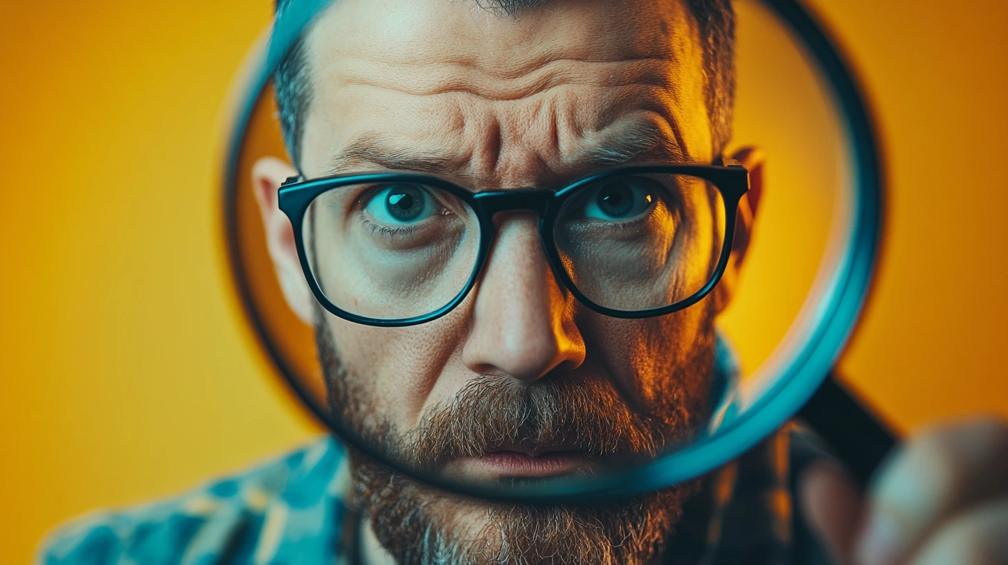 A close-up of a man with glasses looking through a magnifying glass