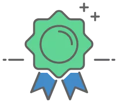 a green badge with blue ribbons