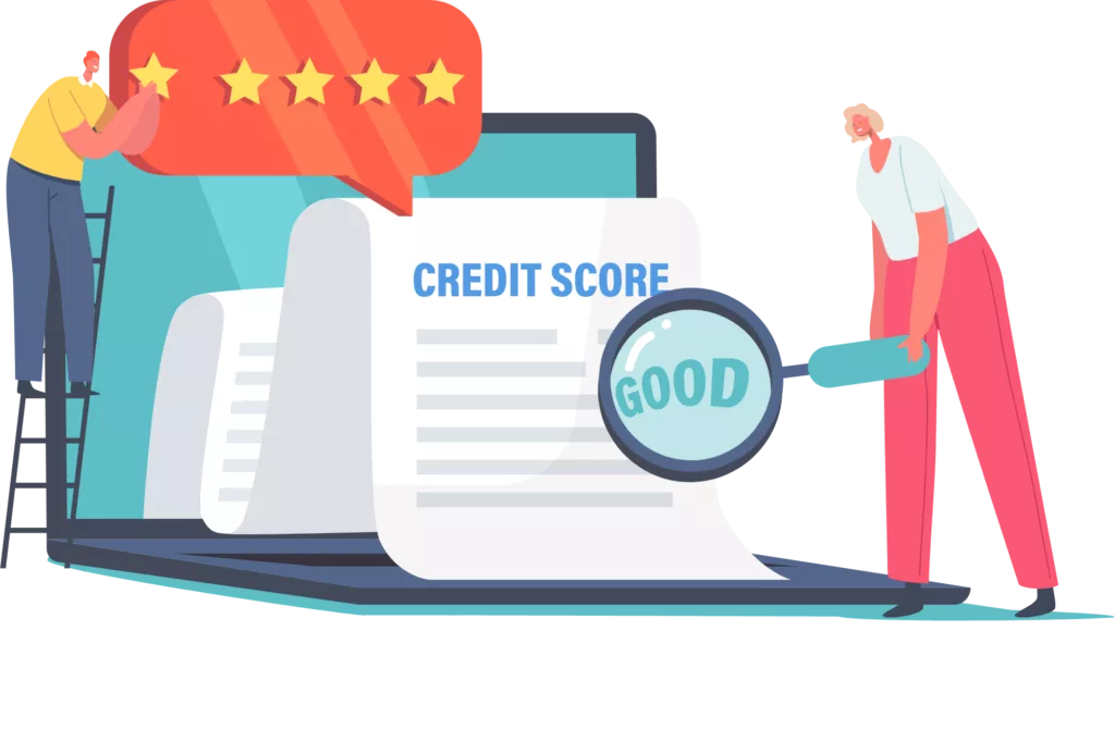graphic of two people looking at a good credit score to represent ways of improving your credit by using credit repair software programs