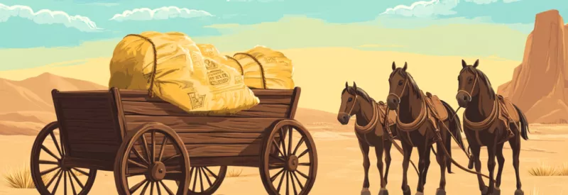 wells fargo wagon in the wild west desert pulled by horses with chargeback money falling off it