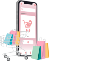 a smartphone with a shopping cart and shopping bags to represent secure electronic transactions taking place